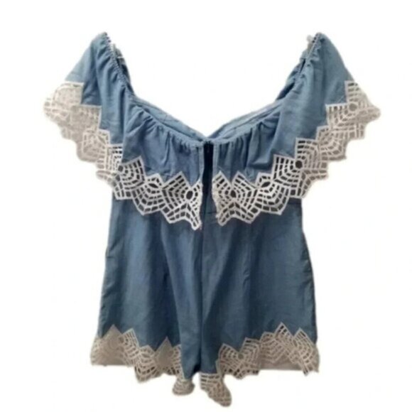 Bardot Revolve Runaway Romper Sky Blue Chambray White M - Picture 6 of 14